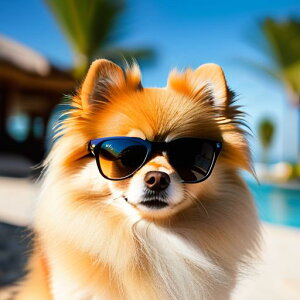 サングラス ポメラニアン プール ヤシの木 ビーチハウス 青空 クッションカバー 犬柄 45×45cm アニマル柄 おしゃれ 可愛い クッション本体付き 正方形