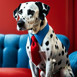 赤い背景 ダルメシアン 青いソファ ネクタイ 白黒の斑点 クッションカバー 45×45cm アニマル柄 おしゃれ 可愛い クッション本体付き 正方形 犬ファン