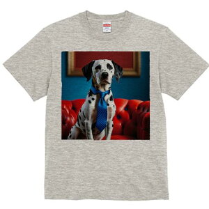 Tシャツ メンズ キッズ 犬ファン 半袖 春夏 犬柄 プリント カジュアル かわいい 人間用 フィットネス ダンス 赤いソファ ダルメシアン 青いネクタイ 額縁
