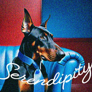 ネクタイ ドーベルマン 青いソファ セレンディピティの文字 クッションカバー 45×45cm アニマル柄 おしゃれ 可愛い クッション本体付き 正方形 犬ファン