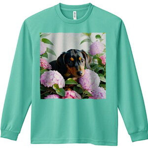 長袖Tシャツ 人間用 メンズ 秋春夏 プリント レジャー アウトドア カジュアル かわいい 犬ファン アジサイ ダックスフント 花 緑の葉 花壇