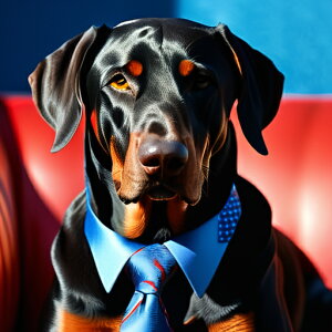 ネクタイ ドーベルマン 赤いソファ 青い背景 クッションカバー 45×45cm アニマル柄 おしゃれ 可愛い クッション本体付き 正方形 犬ファン