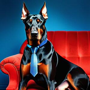 赤いソファ ドーベルマン 青いネクタイ クッションカバー 45×45cm アニマル柄 おしゃれ 可愛い クッション本体付き 正方形 犬ファン