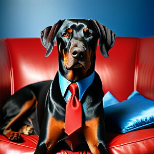 赤いソファ ドーベルマン ネクタイ クッション 青い背景 クッションカバー 45×45cm アニマル柄 おしゃれ 可愛い クッション本体付き 正方形 犬ファン