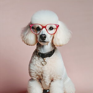 赤い眼鏡 プードル ピンクの背景 黒い首輪 ハートのチャーム クッションカバー 45×45cm アニマル柄 おしゃれ 可愛い クッション本体付き 正方形 犬ファン