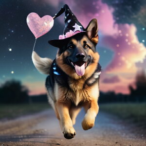 魔女の帽子 ジャーマンシェパードドッグ ハートの風船 夜空 星 道路 クッションカバー 45×45cm アニマル柄 おしゃれ 可愛い クッション本体付き 正方形 犬ファン