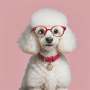 眼鏡 プードル ピンクの背景 赤い首輪 ハート型のタグ クッションカバー 45×45cm アニマル柄 おしゃれ 可愛い クッション本体付き 正方形 犬ファン