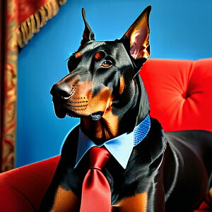 赤いソファ ドーベルマン ネクタイ カーテン 青い背景 クッションカバー 45×45cm アニマル柄 おしゃれ 可愛い クッション本体付き 正方形 犬ファン