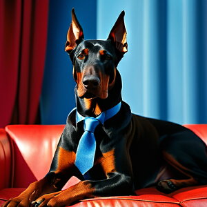 赤いソファ ドーベルマン 青いネクタイ 青いカーテン クッションカバー 45×45cm アニマル柄 おしゃれ 可愛い クッション本体付き 正方形 犬ファン