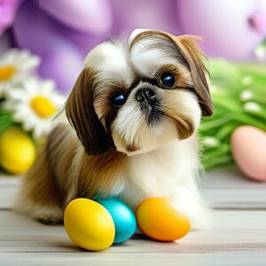 カラフルな卵 シーズー デイジーの花 背景の紫色の風船 クッションカバー 45×45cm アニマル柄 おしゃれ 可愛い クッション本体付き 正方形 犬ファン