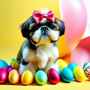 リボン シーズー 卵 カラフル 風船 クッションカバー 45×45cm アニマル柄 おしゃれ 可愛い クッション本体付き 正方形 犬ファン