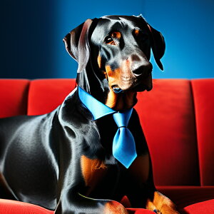 赤いソファ ドーベルマン 青いネクタイ クッションカバー 45×45cm アニマル柄 おしゃれ 可愛い クッション本体付き 正方形 犬ファン