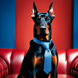 ネクタイ ドーベルマン ソファ 赤と青の背景 クッションカバー 45×45cm アニマル柄 おしゃれ 可愛い クッション本体付き 正方形 犬ファン