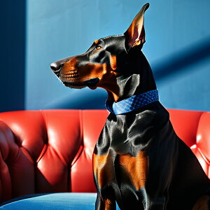 赤いソファー ドーベルマン 青い壁 クッションカバー 45×45cm アニマル柄 おしゃれ 可愛い クッション本体付き 正方形 犬ファン