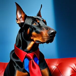 ネクタイ ドーベルマン 赤いソファ 青い背景 クッションカバー 45×45cm アニマル柄 おしゃれ 可愛い クッション本体付き 正方形 犬ファン