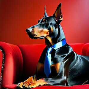 赤いソファ ドーベルマン 青いネクタイ クッションカバー 45×45cm アニマル柄 おしゃれ 可愛い クッション本体付き 正方形 犬ファン