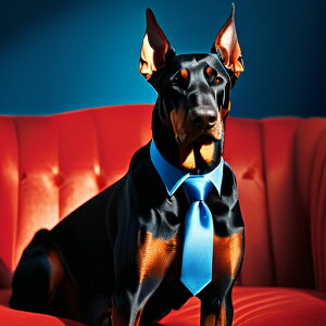 青いネクタイ ドーベルマン 赤いソファ クッションカバー 45×45cm アニマル柄 おしゃれ 可愛い クッション本体付き 正方形 犬ファン