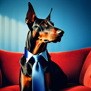 ネクタイ ドーベルマン 赤いソファ 青い背景 クッションカバー 45×45cm アニマル柄 おしゃれ 可愛い クッション本体付き 正方形 犬ファン