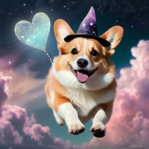 魔法の帽子 コーギー 風船 星 雲 夜空 クッションカバー 45×45cm アニマル柄 おしゃれ 可愛い クッション本体付き 正方形 犬ファン