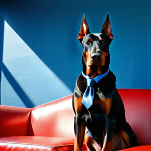 赤いソファ ドーベルマン 青い背景 青いネクタイ クッションカバー 45×45cm アニマル柄 おしゃれ 可愛い クッション本体付き 正方形 犬ファン