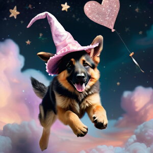 魔法の帽子 ジャーマンシェパードドッグ ハートの風船 夜空 星 雲 クッションカバー 45×45cm アニマル柄 おしゃれ 可愛い クッション本体付き 正方形 犬ファン