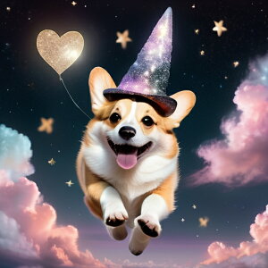 魔法の帽子 ウェルシュコーギー ハート型の風船 星 雲 夜空 クッションカバー 45×45cm アニマル柄 おしゃれ 可愛い クッション本体付き 正方形 犬ファン