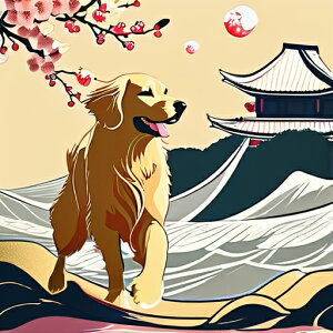 桜 ゴールデンレトリバー 寺 日本画 風景 クッションカバー 45×45cm アニマル柄 おしゃれ 可愛い クッション本体付き 正方形 犬ファン