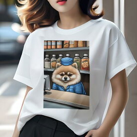 ポメラニアン Tシャツ レディース 犬ファン 半袖 春夏 犬柄 プリント カジュアル かわいい 人間用 個性派 ここだけのデザイン 面白 帽子 ポメラニアン 制服 店員 棚