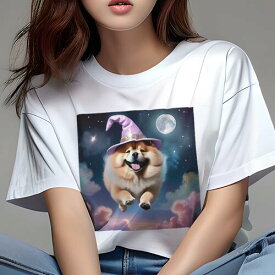 ポメラニアン Tシャツ レディース 犬ファン 半袖 春夏 犬柄 プリント カジュアル かわいい 人間用 個性派 ここだけのデザイン 面白 月 ポメラニアン 星 雲 魔法使いの帽子