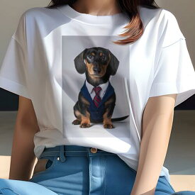 ダックスフンド Tシャツ レディース 犬ファン 半袖 春夏 犬柄 プリント カジュアル かわいい 人間用 個性派 ここだけのデザイン 面白 スーツ ダックスフンド ネクタイ