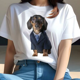 ダックスフンド Tシャツ レディース 犬ファン 半袖 春夏 犬柄 プリント カジュアル かわいい 人間用 個性派 ここだけのデザイン 面白 スーツ ダックスフンド ネクタイ
