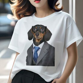 ダックスフンド Tシャツ レディース 犬ファン 半袖 春夏 犬柄 プリント カジュアル かわいい 人間用 個性派 ここだけのデザイン 面白 スーツ ダックスフンド ネクタイ