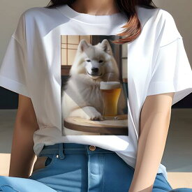 サモエド Tシャツ レディース 犬ファン 半袖 春夏 犬柄 プリント カジュアル かわいい 人間用 個性派 ここだけのデザイン 面白 ビール サモエド グラス テーブル