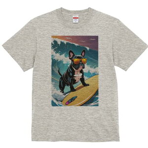 フレンチブルドッグ Tシャツ レディース 犬ファン 半袖 春夏 犬柄 プリント カジュアル かわいい 人間用 個性派 ここだけのデザイン 面白 波 フレンチブルドッグ 海 サーフィン サングラス
