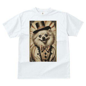 ポメラニアン Tシャツ レディース 犬ファン 半袖 春夏 犬柄 プリント カジュアル かわいい 人間用 個性派 ここだけのデザイン 面白 帽子 ポメラニアン サーカス ストライプ ボウタイ