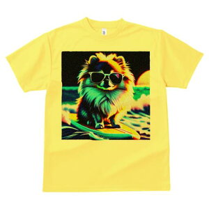 ポメラニアン Tシャツ レディース 犬ファン 半袖 春夏 犬柄 プリント カジュアル かわいい 人間用 個性派 ここだけのデザイン 面白 サングラス ポメラニアン サーフィン 海 夕日