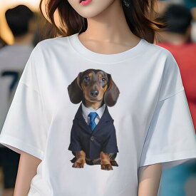 ダックスフンド Tシャツ レディース 犬ファン 半袖 春夏 犬柄 プリント カジュアル かわいい 人間用 個性派 ここだけのデザイン 面白 スーツ ダックスフンド ネクタイ