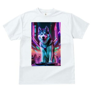 シベリアンハスキー Tシャツ レディース 犬ファン 半袖 春夏 犬柄 プリント カジュアル かわいい 人間用 個性派 ここだけのデザイン 面白 DJ シベリアンハスキー クラブ ネオン
