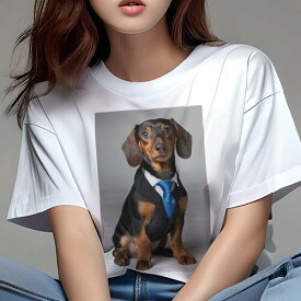ダックスフンド Tシャツ レディース 犬ファン 半袖 春夏 犬柄 プリント カジュアル かわいい 人間用 個性派 ここだけのデザイン 面白 スーツ ダックスフンド ネクタイ