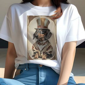 ダックスフント Tシャツ レディース 犬ファン 半袖 春夏 犬柄 プリント カジュアル かわいい 人間用 個性派 ここだけのデザイン 面白 帽子 ダックスフント スーツ 蝶ネクタイ