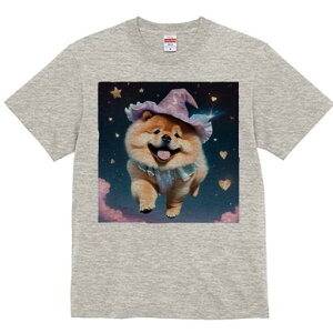 チャウチャウ Tシャツ レディース 犬ファン 半袖 春夏 犬柄 プリント カジュアル かわいい 人間用 個性派 ここだけのデザイン 面白 星 チャウチャウ ハート 魔法使いの帽子 フリル