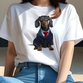 ダックスフンド Tシャツ レディース 犬ファン 半袖 春夏 犬柄 プリント カジュアル かわいい 人間用 個性派 ここだけのデザイン 面白 スーツ ダックスフンド ネクタイ