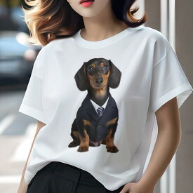 ダックスフンド Tシャツ レディース 犬ファン 半袖 春夏 犬柄 プリント カジュアル かわいい 人間用 個性派 ここだけのデザイン 面白 スーツ ダックスフンド ネクタイ