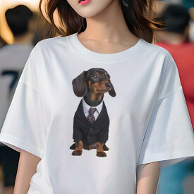 ダックスフンド Tシャツ レディース 犬ファン 半袖 春夏 犬柄 プリント カジュアル かわいい 人間用 個性派 ここだけのデザイン 面白 スーツ ダックスフンド ネクタイ