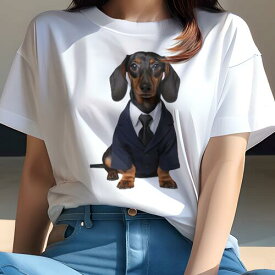 ダックスフンド Tシャツ レディース 犬ファン 半袖 春夏 犬柄 プリント カジュアル かわいい 人間用 個性派 ここだけのデザイン 面白 スーツ ダックスフンド ネクタイ