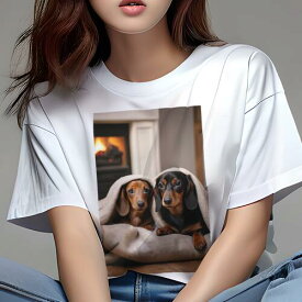 ダックスフンド Tシャツ 犬愛 ユニークデザインレディース 犬ファン 半袖 春夏 プリント 大人カジュアル かわいい 人間用 ギフト 個性的 猛暑対策 暖炉 ダックスフンド 毛布 木