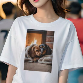 ダックスフンド Tシャツ 犬愛 ユニークデザインレディース 犬ファン 半袖 春夏 プリント 大人カジュアル かわいい 人間用 ギフト 個性的 猛暑対策 暖炉 ダックスフンド 毛布 木製の床 レンガ