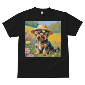 ヨークシャーテリア Tシャツ 犬愛 ユニークデザインレディース 犬ファン 半袖 春夏 プリント 大人カジュアル かわいい 人間用 ギフト 個性的 猛暑対策 帽子 ヨークシャーテリア 花 草原 風景