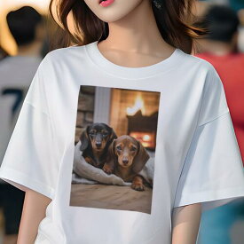 ダックスフンド Tシャツ 犬愛 ユニークデザインレディース 犬ファン 半袖 春夏 プリント 大人カジュアル かわいい 人間用 ギフト 個性的 猛暑対策 暖炉 ダックスフンド 毛布 木