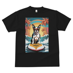 ボストンテリア Tシャツ 犬愛 ユニークデザインレディース 犬ファン 半袖 春夏 プリント 大人カジュアル かわいい 人間用 ギフト 個性的 猛暑対策 サーフィン ボストンテリア 波 太陽 ビーチ